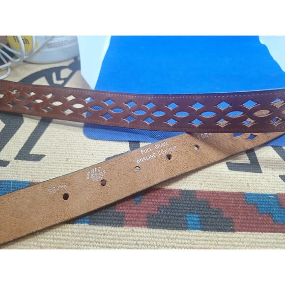 Vintage Full Grain Leather Belt USA Made 36 Brown Punched Pattern Western - Picture 2 of 6